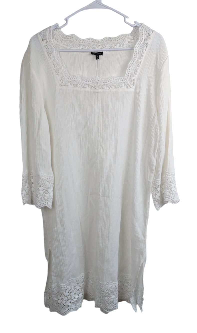 Talbots Womens 3/4 Sleeve White Gauze Cotton Crochet Dress Coverup Sheer Med NWT